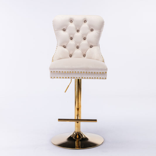 Beige velvet Anthony & Home bar stools with tufted seats and copper nailhead trim, limited edition, modern furniture design.