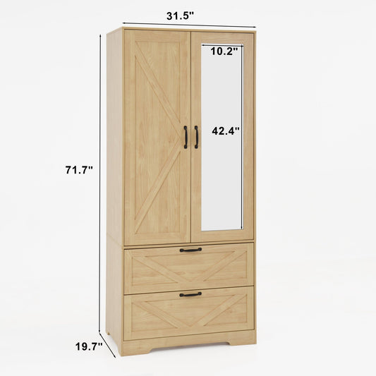 Anthony & Home natural finish wardrobe with built-in light, mirror, two doors, hanging rod, and two drawers in a modern bedroom setting.