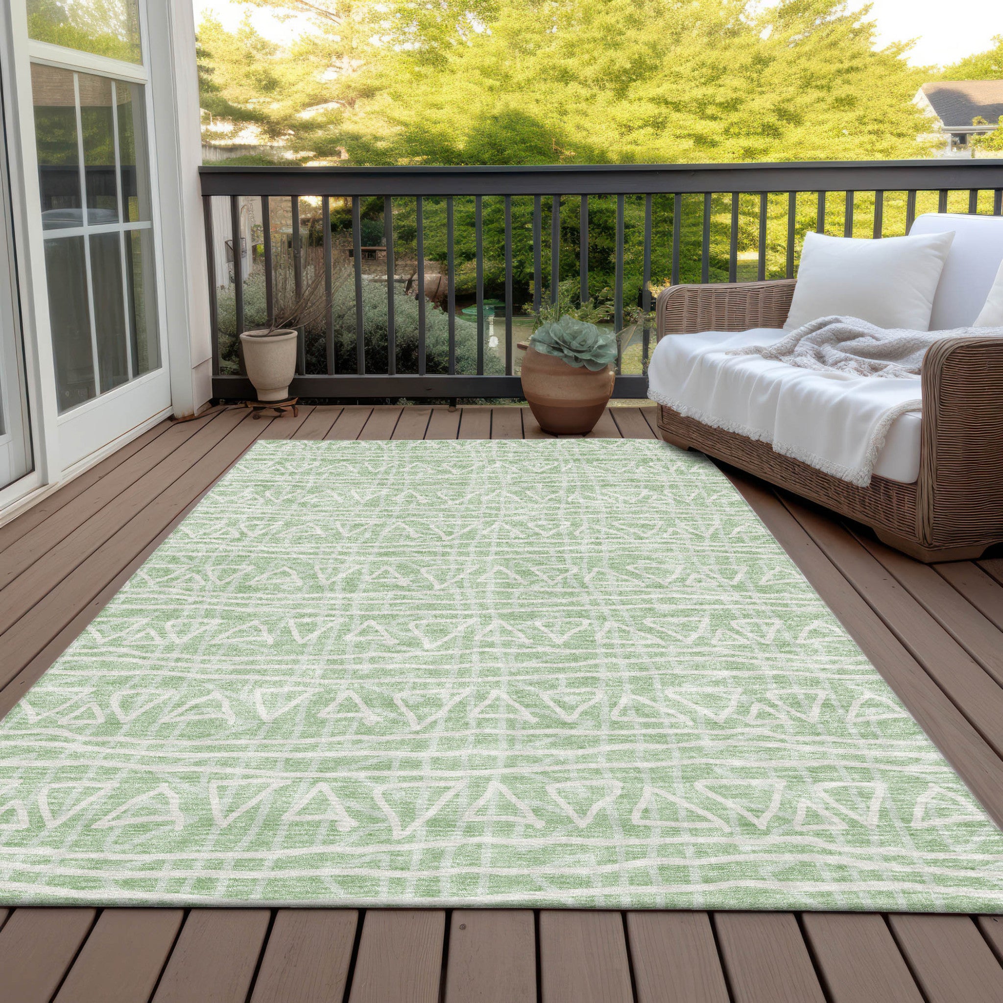 10' X 14' Mint Green Artichoke Green And Ivory Geometric Washable Indoor Outdoor Area Rug-5