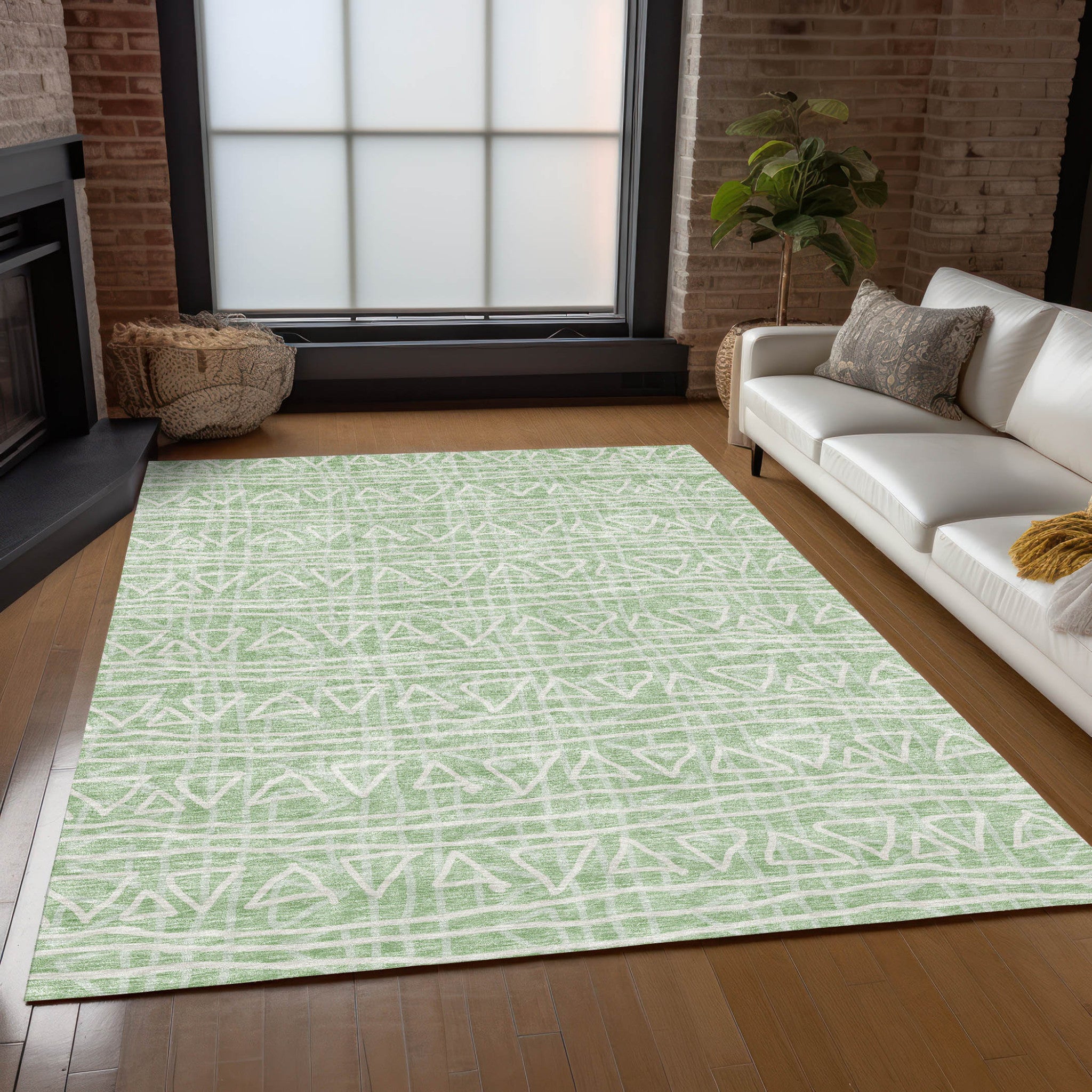 10' X 14' Mint Green Artichoke Green And Ivory Geometric Washable Indoor Outdoor Area Rug-7