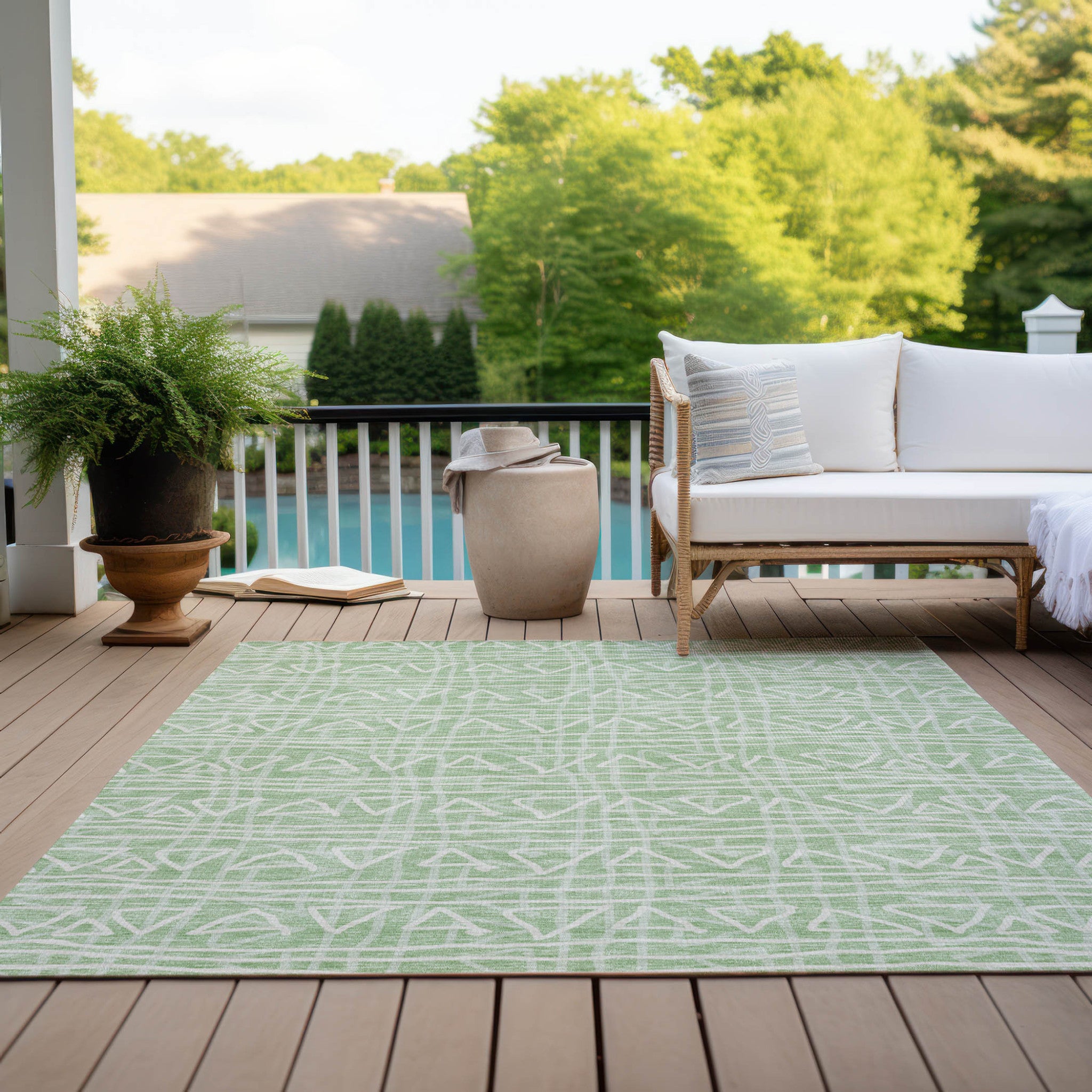 10' X 14' Mint Green Artichoke Green And Ivory Geometric Washable Indoor Outdoor Area Rug-8