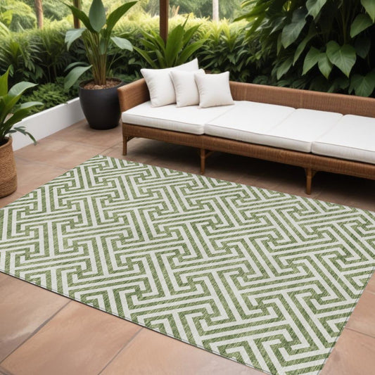 10x14 Green Beige Geometric Washable Indoor Outdoor Rug - Anthony & Home
