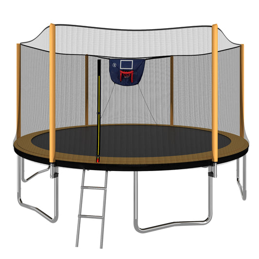 Anthony & Home 14-foot trampoline with tarpaulin cover and safety enclosure, showing the sturdy frame and jump surface.