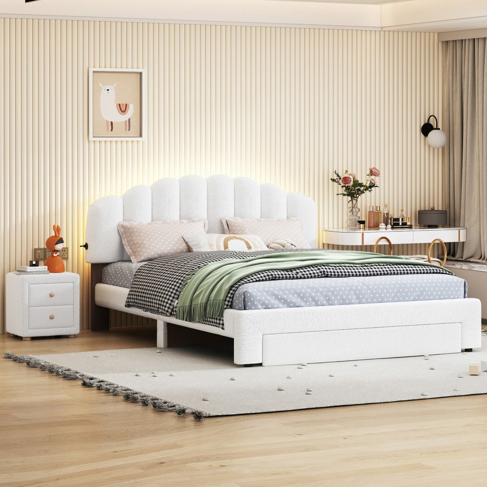 White Tufted Boucle Lighted Queen Bed Frame With USB And Drawer