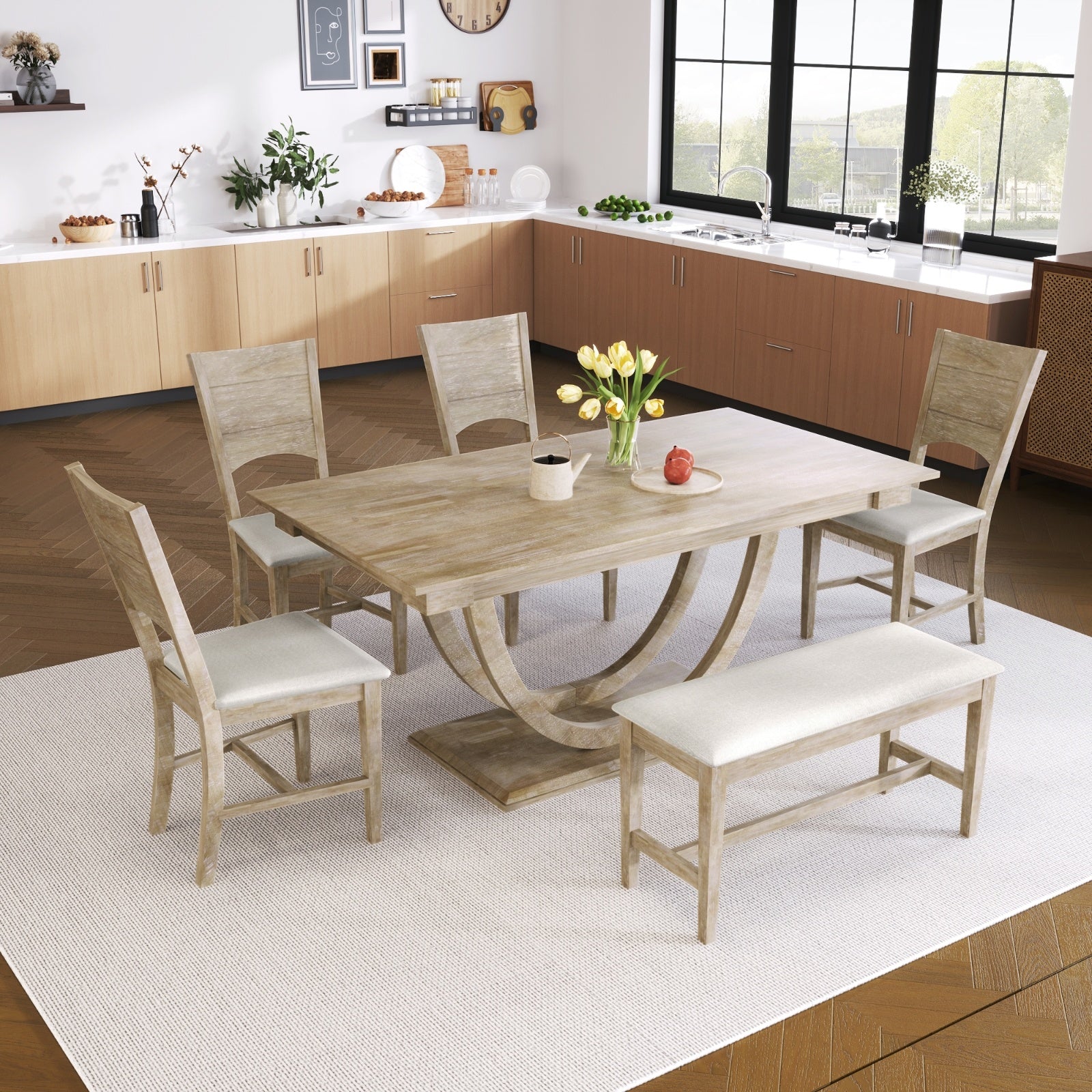 Topmax 6 Wood Half Round Dining Set With Bench And Chairs