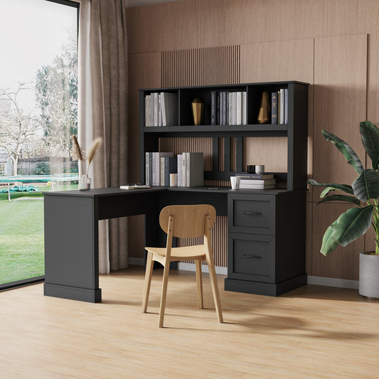 Antiqued black home office computer desk with hutch from Anthony & Home Studio Collection, featuring a classic design and ample workspace.