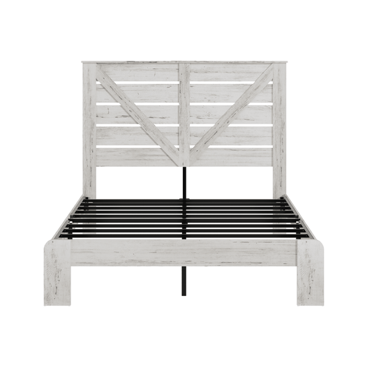 White steel Queen platform bed frame with wood accents, noise-free, no box spring, Atelier Edition by Anthony & Home