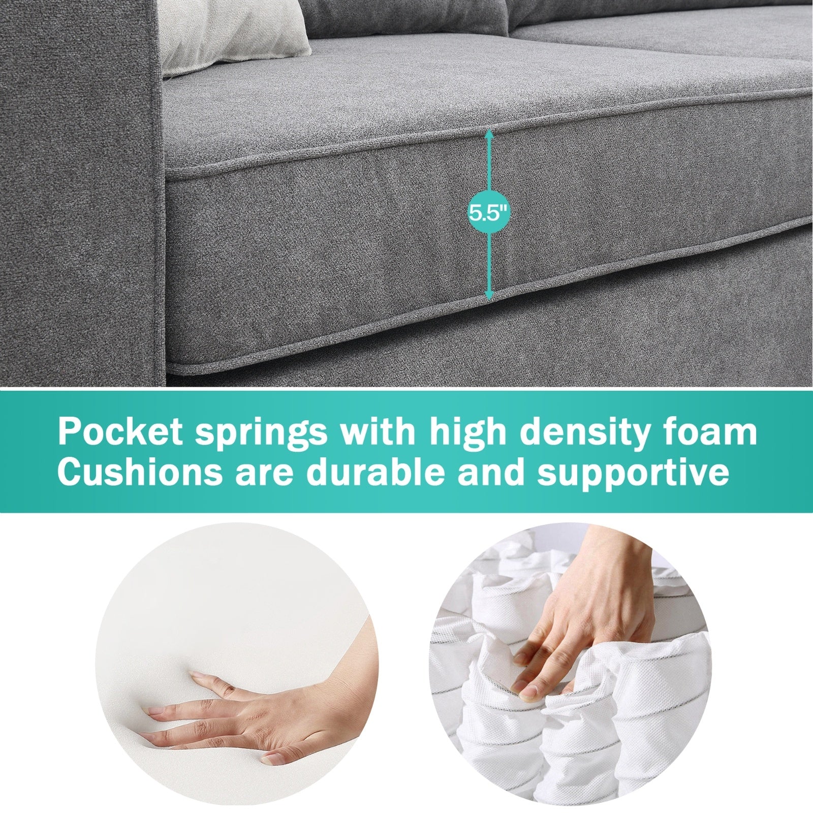 Grey 91 By 91 Modern L Shape Upholstered Sectional Sofa