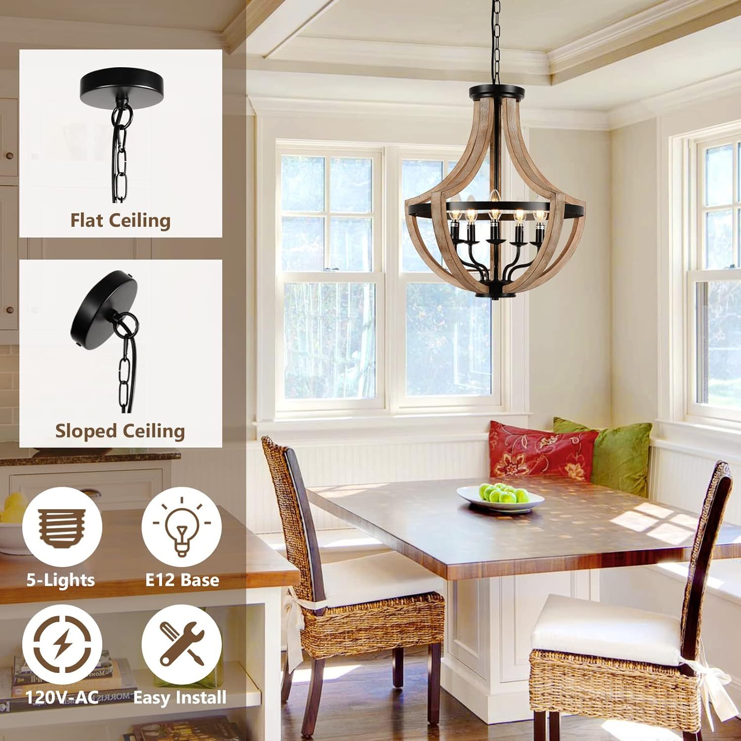 Solid Wood Farmhouse Chandelier Adjustable Dining Room Brown