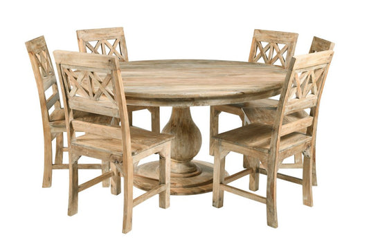 Seven Piece Natural Round Solid Wood Dining Set with Six Chairs