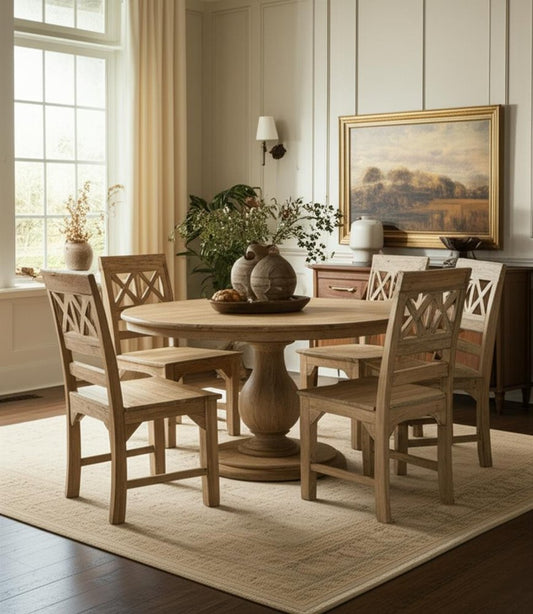 Seven Piece Natural Round Solid Wood Dining Set with Six Chairs - Anthony & Home