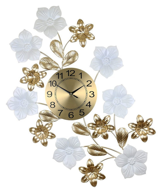 26" Gold White And Black Metal Silent Analog Floral Wall Clock - Anthony & Home