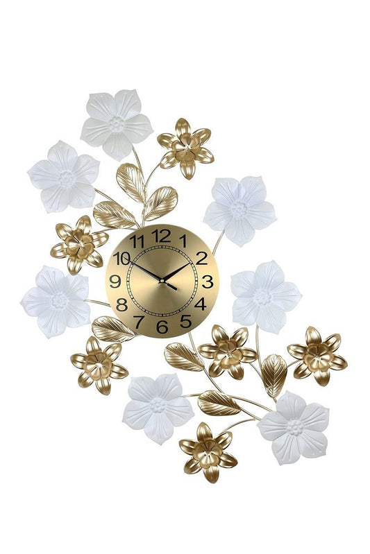 26" Gold White And Black Metal Silent Analog Floral Wall Clock - Anthony & Home