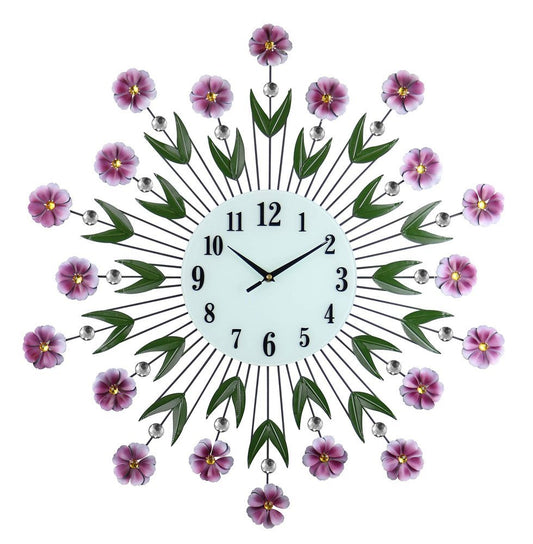 27" Purple Green And White Metal and Glass Silent Analog Floral Round Wall Clock - Anthony & Home
