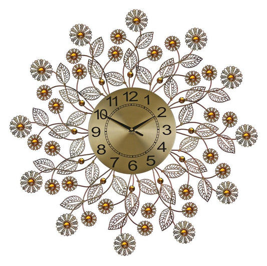 27" Gold And Black Metal And Faux Crystal Silent Analog FloralWall Clock - Anthony & Home