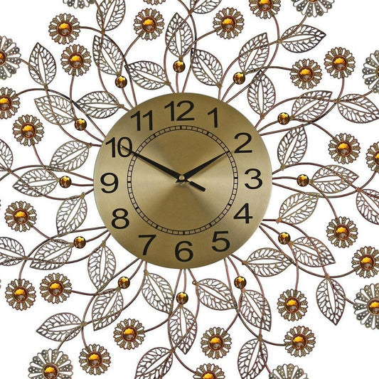 27" Gold And Black Metal And Faux Crystal Silent Analog FloralWall Clock - Anthony & Home