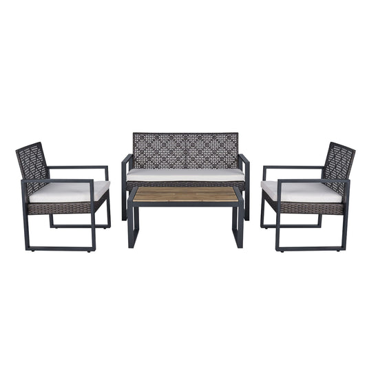 Anthony & Home Signature acacia wood outdoor patio set with beige cushions, featuring a table and matching chairs for outdoor dining.