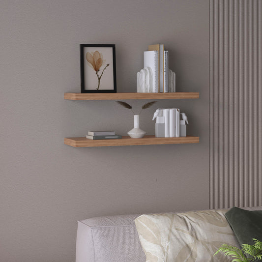 Set of two 31.5-inch walnut finish floating shelves by Anthony & Home, showcasing sleek wall-mounted storage and display space.