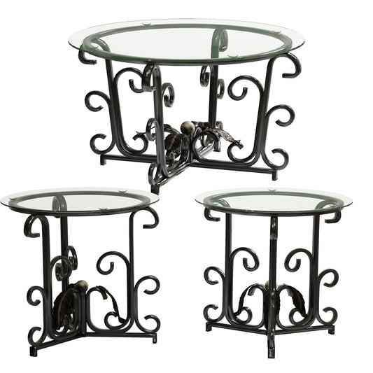 Anthony & Home three-piece coffee table set with round tempered glass tops and black metal frames, 31.5-inch diameter.