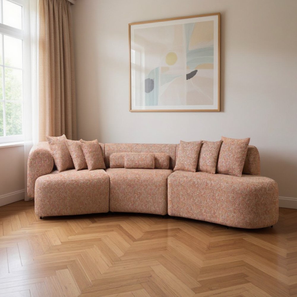 Orange Boucle Modular Curved Three Piece Sectional With Toss Pillows