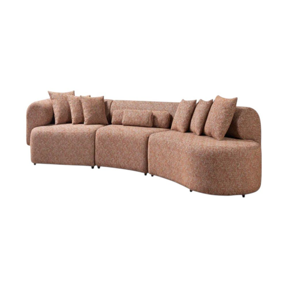 Orange Boucle Modular Curved Three Piece Sectional With Toss Pillows