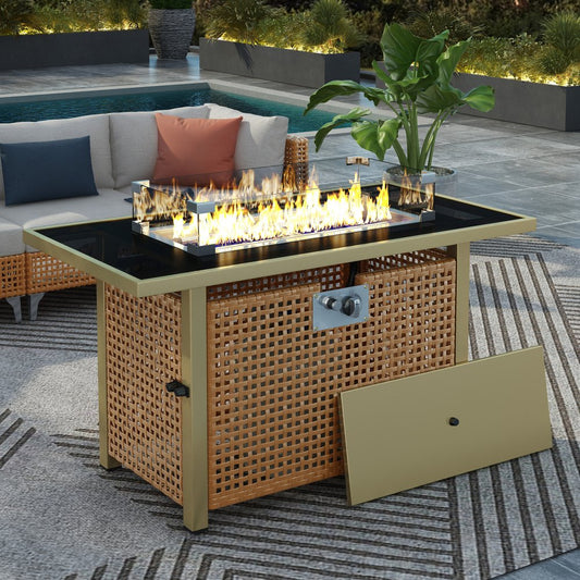 HomeRoots 60000 BTU outdoor fire pit table with black steel, wicker accents, propane burner, and protective cover.