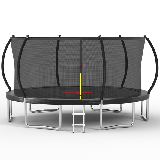 Black 16ft pumpkin-themed trampoline with sturdy steel frame by Anthony & Home, perfect for outdoor fun and exercise.