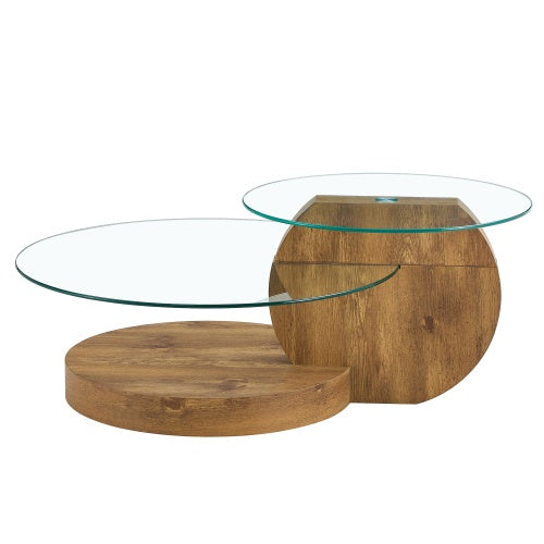 Modern Double Layer Round Table With Glass Top Wood Legs