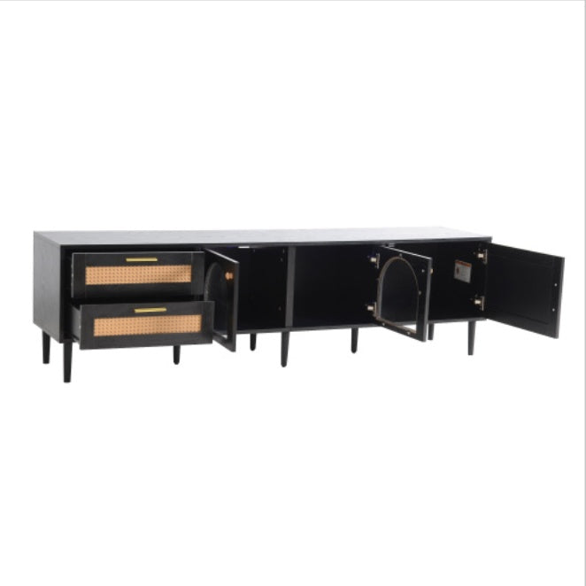 Rattan TV Stand With 3 Cabinets And 2 Drawers Black