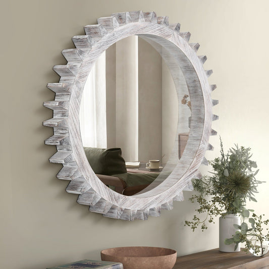 Round gear-shaped wall mirror by Anthony & Home with antique white washed finish, 42-inch diameter solid wood and MDF decor piece