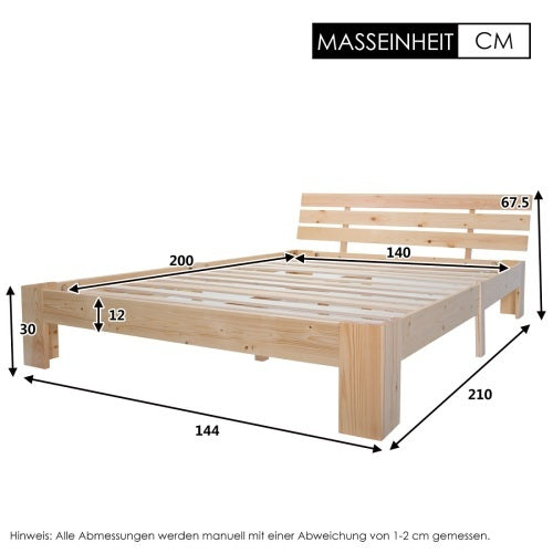 Natural Solid Wood Bed Frame 140x200 With Headboard