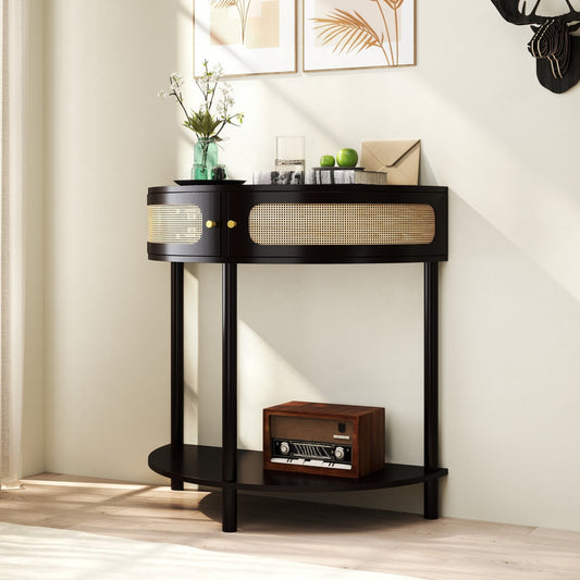 Black solid wood Atelier Demi-Lune end table by Anthony & Home, showcasing its curved design and smooth finish.