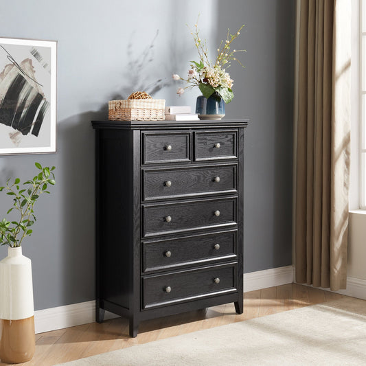 Black MDF veneer six-drawer dresser from Anthony & Home Studio Collection, modern farmhouse style with timeless craftsmanship.