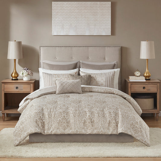 Emilia Collection Jacquard Damask Khaki King Comforter Set by Anthony & Home, featuring intricate damask patterns and plush bedding.