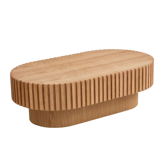 Oval drum coffee table in ash finish by Anthony & Home, 43.7 inches wide with a smooth, modern wooden surface.