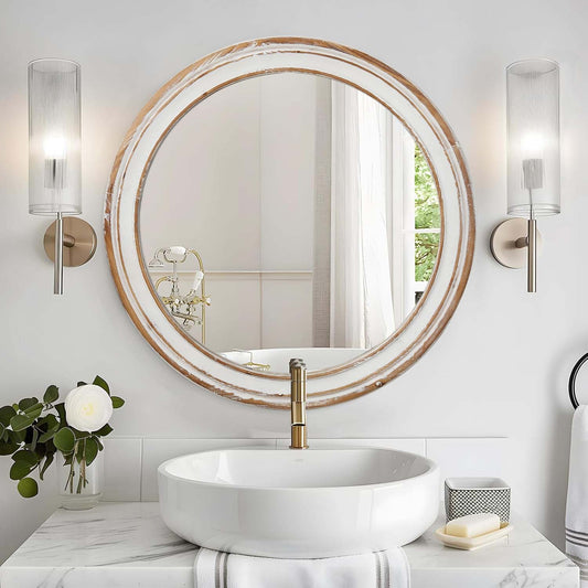 Heritage round wall mirror with distressed wood frame from Anthony & Home, showcasing rustic and vintage-inspired home decor.