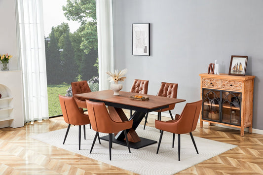 Dark walnut dining table with marble veneer top from Anthony & Home, showcasing a sleek, modern design for contemporary dining spaces.