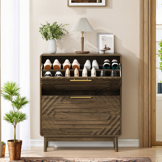 Walnut mid-century shoe cabinet by Anthony & Home with two flip-top drawers and sleek modern design.