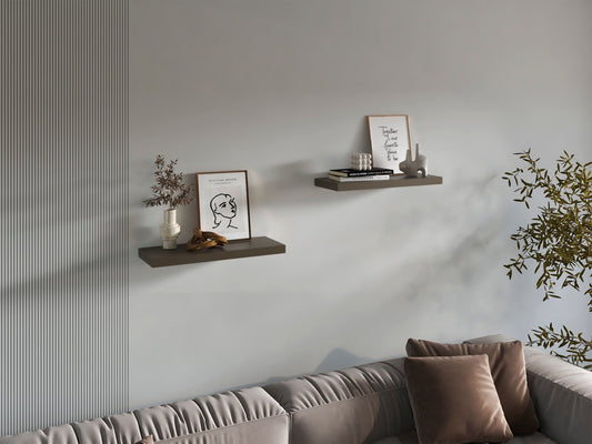 Olive wood floating shelves from Anthony & Home Atelier Collection, showing two sleek, natural wood shelves mounted on a wall.