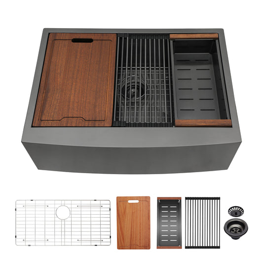 Anthony & Home farmhouse apron front sink with brushed stainless steel finish, single bowl, workstation design, kitchen fixture.