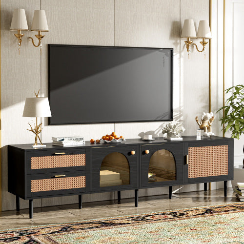 Rattan TV Stand With 3 Cabinets And 2 Drawers Black