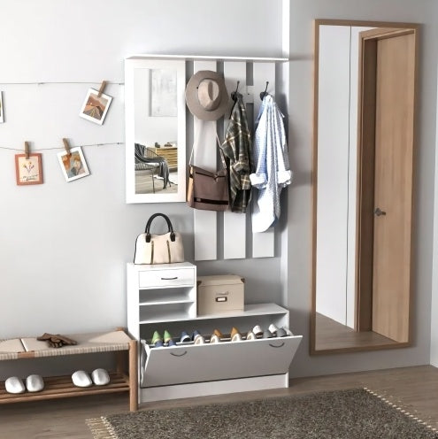 Matte White Gate Cabinet With Shoe Hang Shelf Mirror