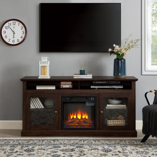 Brown MDF contemporary 65-inch fireplace-inset TV console by Anthony & Home with sleek modern design and open shelving.