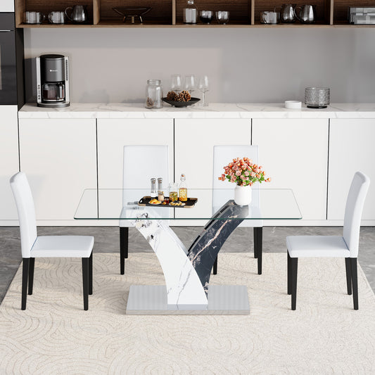 Modern dining table with tempered glass top and artistic MDF legs, paired with 4 white PU dining chairs by Anthony & Home.