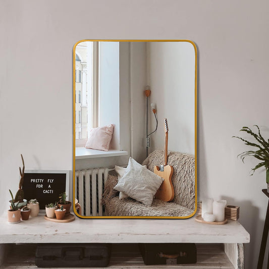 Gold Metal Frame Bathroom Mirror 24x32 Inches Rectangular Wall Mount Classic Exclusive - Anthony & Home