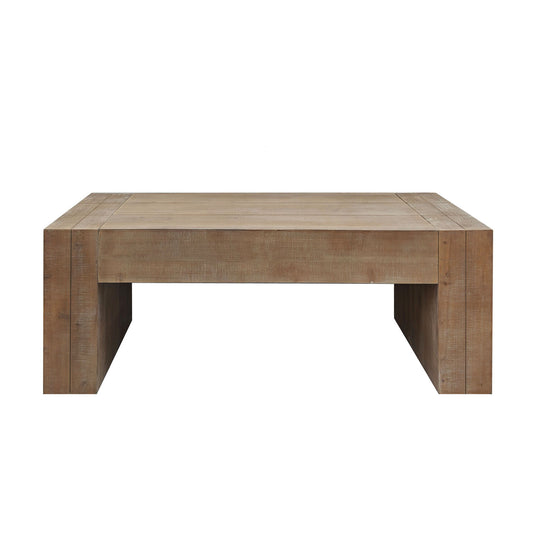 Distressed natural finish engineered wood coffee table with sturdy legs, modern design, and Anthony & Home branding.
