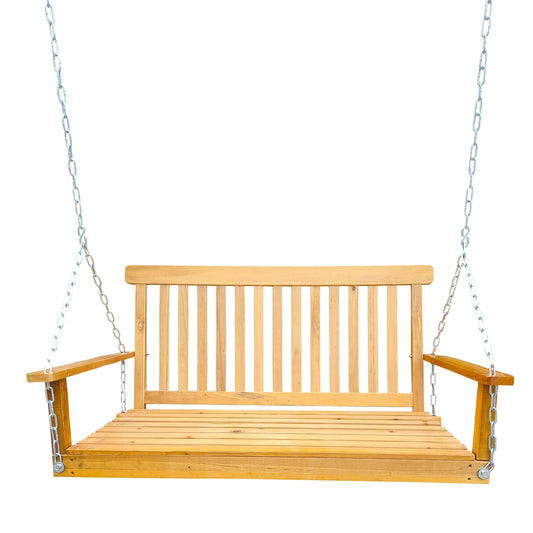 Anthony & Home teak wood porch swing with armrests, hanging chains, and outdoor design, perfect for relaxing outdoor spaces.