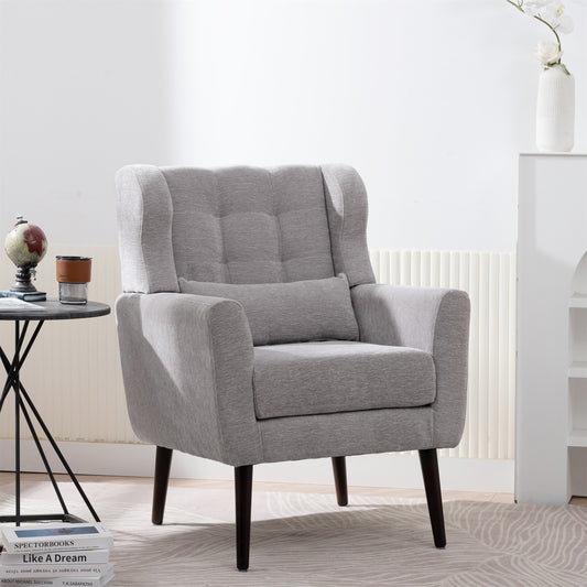 Gray chenille accent chair with solid wood legs, stylish studio furniture from Anthony & Home.