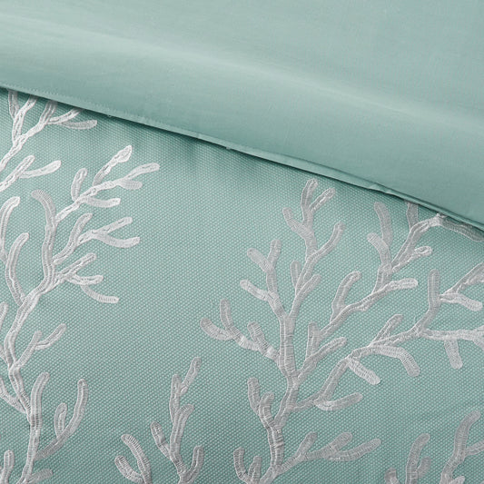 Aqua cotton jacquard comforter set in queen size with intricate pattern, designed by Anthony & Home, limited edition bedding.