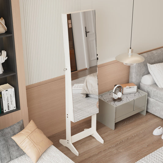 Anthony & Home Atelier white jewelry armoire with full-length HD glass mirror, lockable storage, and velvet-lined interior.